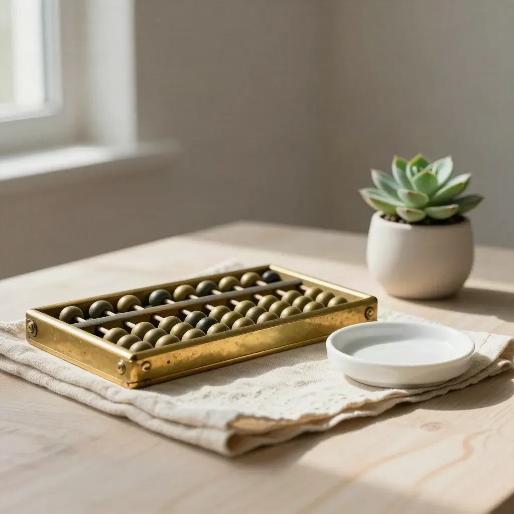 Brass abacus with linen, coin dish, and succulent on pale wood in soft side light.
