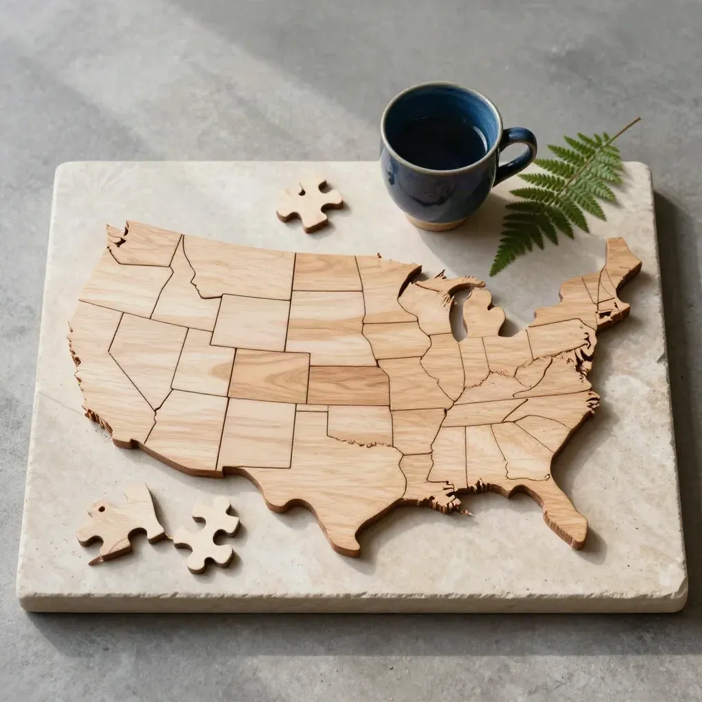 Overhead flatlay of wooden state puzzle pieces, navy cup, and fern on a stone tray.