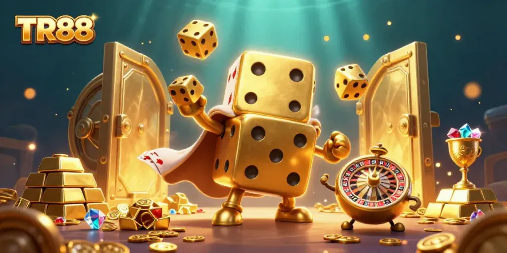 TR88 showcases a dynamic 3D casino scene with gleaming golden dice and vibrant game elements.