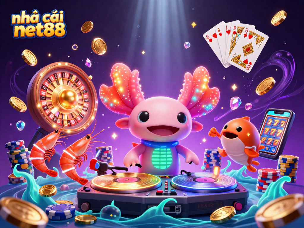 Join the vibrant party at nhà cái net88 with axolotl DJ, shrimp dancers, and glowing casino elements!
