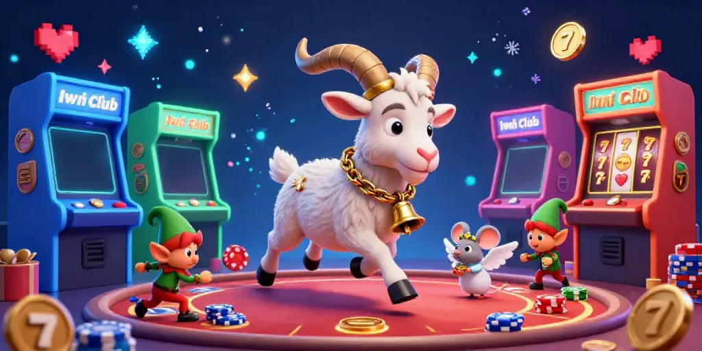 Iwin Club's festive casino scene with a cartoon Krampus goat and gremlins in action.