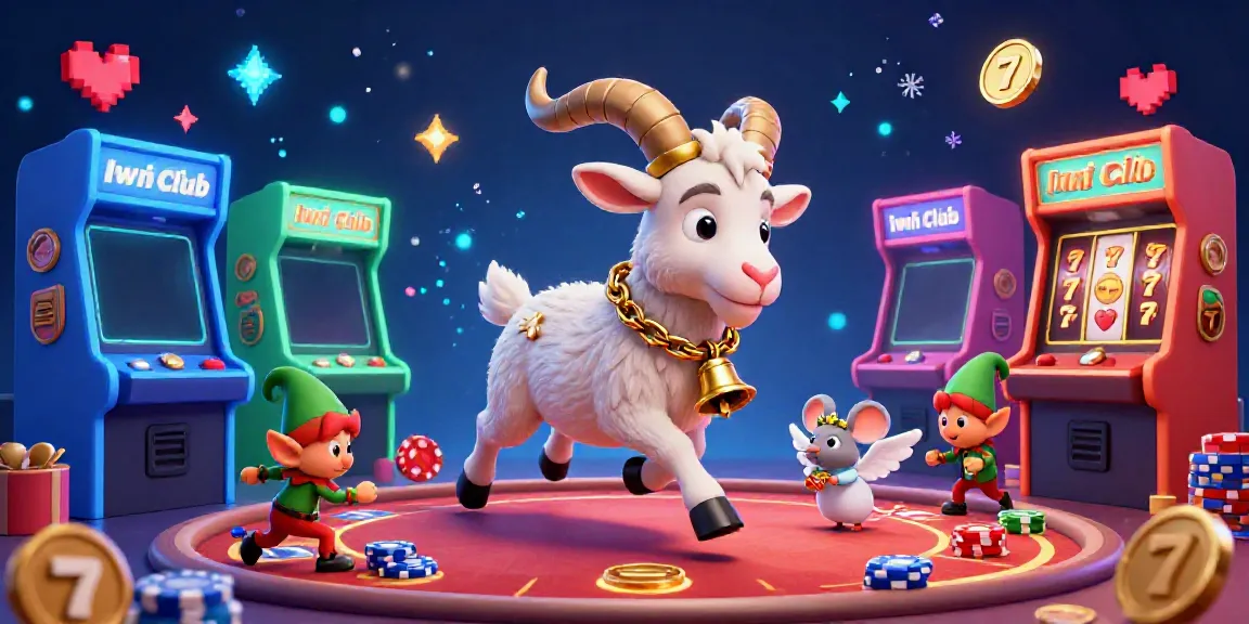 Iwin Club's festive casino scene with a cartoon Krampus goat and gremlins in action.