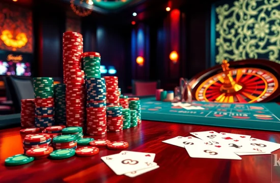 K9K9 casino scene with poker chips, roulette wheel, and elegant playing cards.