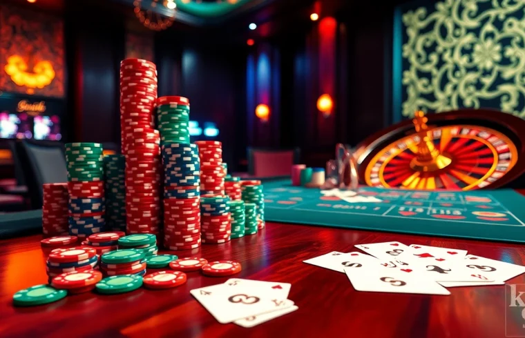 K9K9 casino scene with poker chips, roulette wheel, and elegant playing cards.
