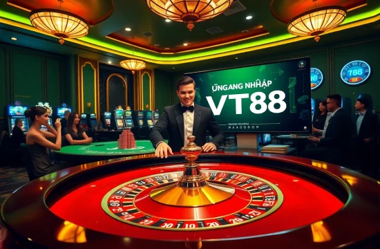 Engage with ĐĂNG NHẬP VT88 at a vibrant casino scene featuring a roulette table and excited players.