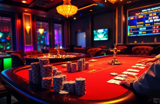 Experience the thrill of gambling as players strategize towards a 32 win at an upscale poker table.
